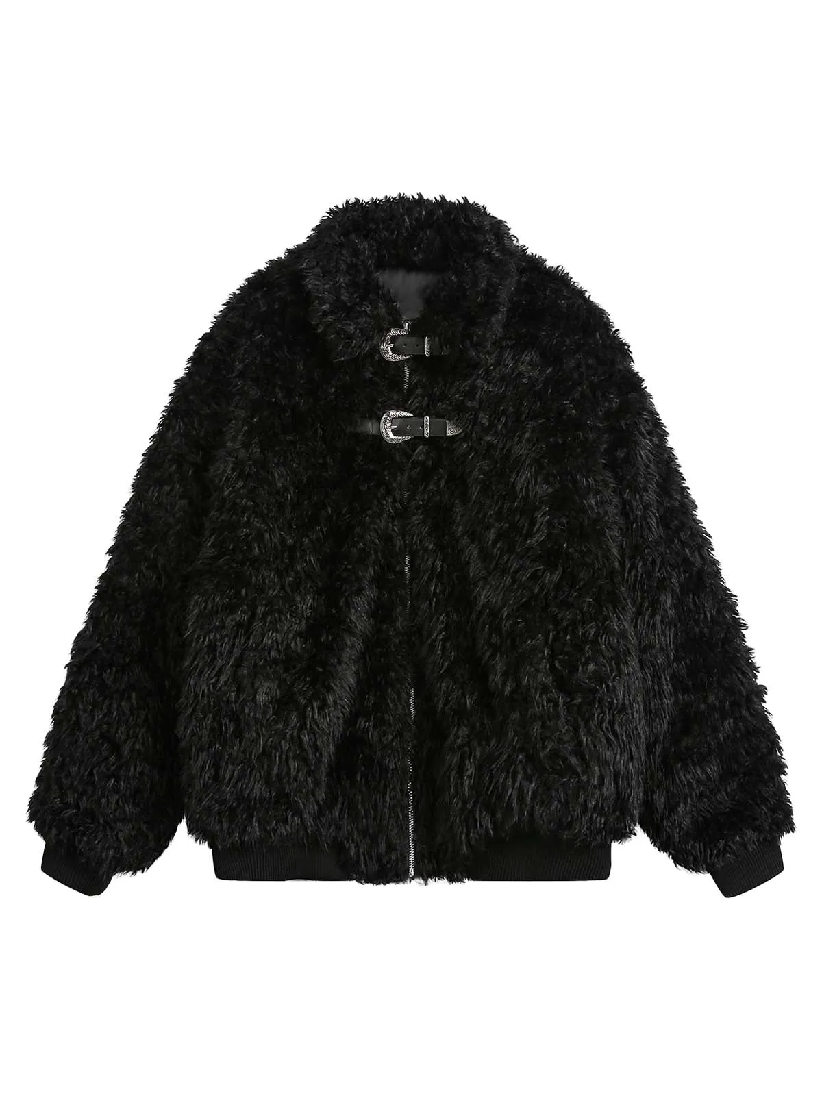 Thesupermade Metal leather button Faux Fur Jacket -2245