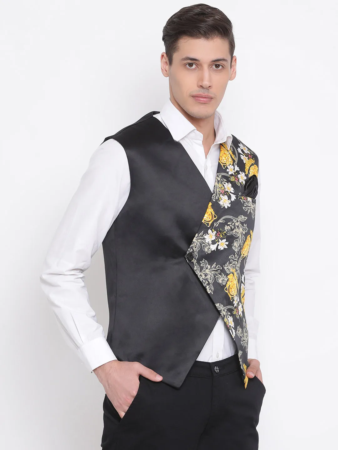 VASTRAMAY Men's Black Floral Printed Waistcoat Jacket