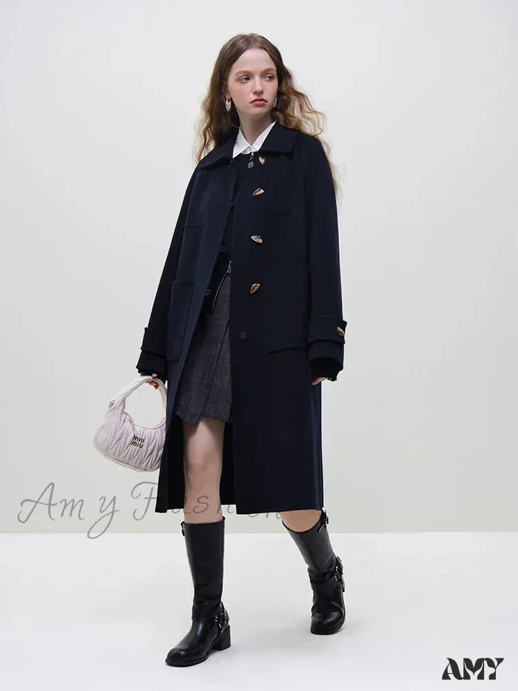 Wool Polo Neck Horn Button Raglan Sleeve Brown Long Office Lady Navy Blue Winter Coat